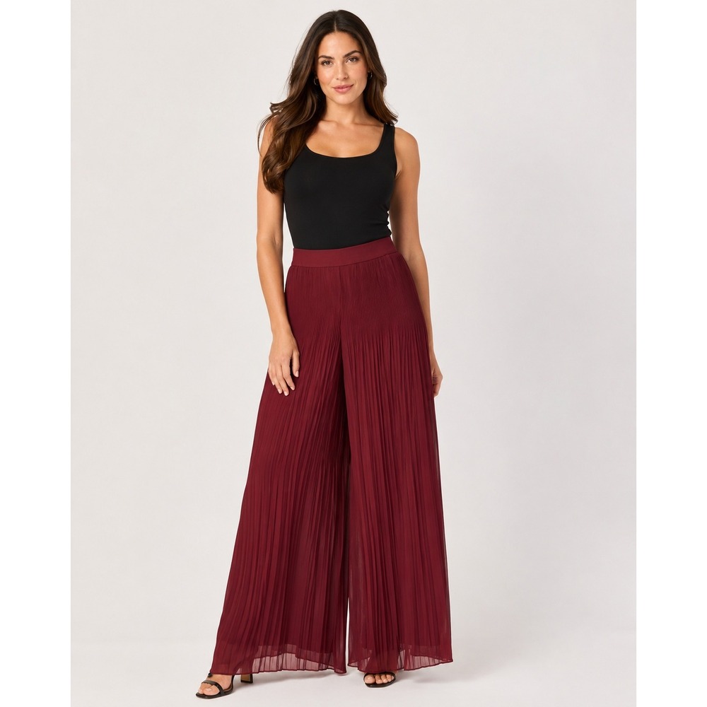 Venus Palazzo Pants Large Burgundy Accordion Pleated Wide Leg High Waist Flowy